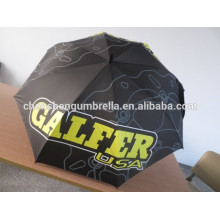 Best quality black golf umbrella, full fiberglass frame umbrella with print logo on fabric